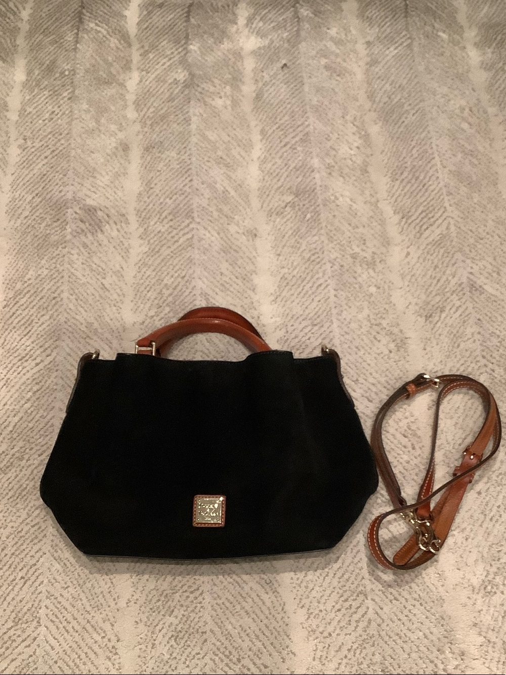 Dooney & Bourke Black Suede Shoulder Bag with Brown Leather Trim
